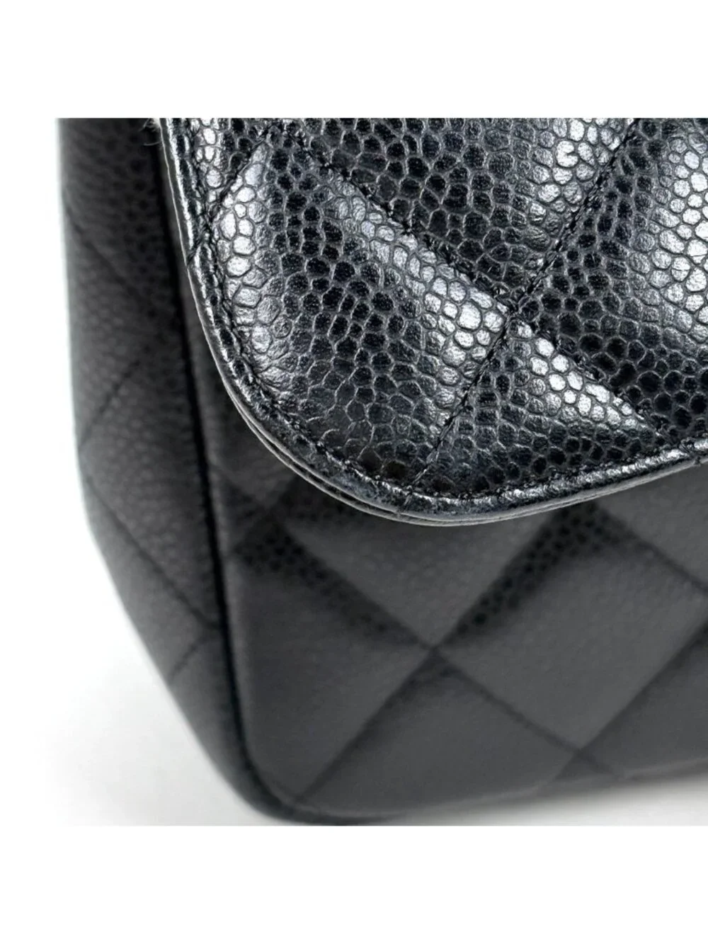 Chanel Big Quilted Shoulder Bag CC Logo Single Flap Chain Caviar Leather Black